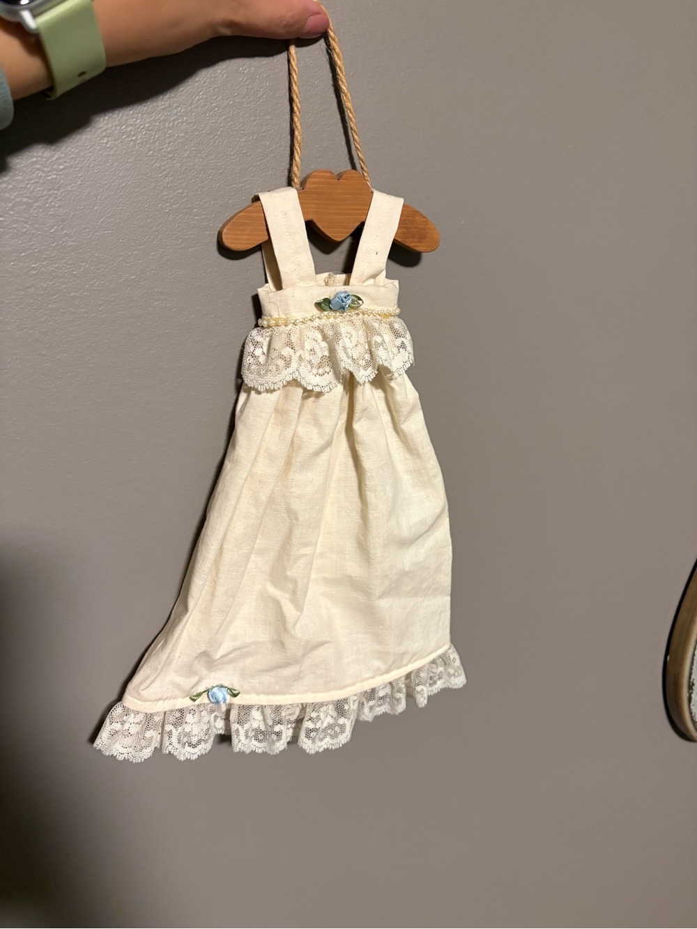 Cream Lace Hanging Doll Dress with Blue Rose Accent